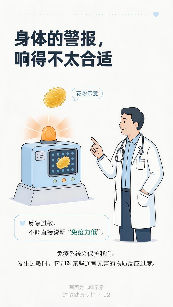 第2节过敏科普长图：像一场不该响起的警报。本节医学说明见图下方或右侧文字。