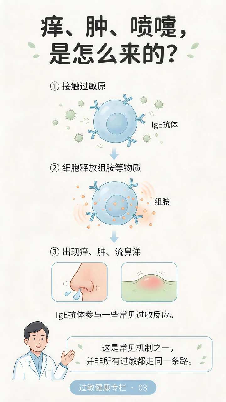 第3节过敏科普长图：组胺，是常见机制中的一环。本节医学说明见图下方或右侧文字。